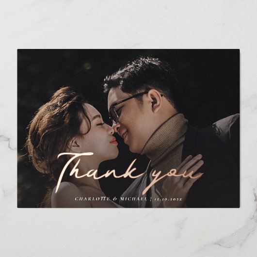 Script Wedding Foto Rose Gold Foil Danke Karte (Vorderseite)