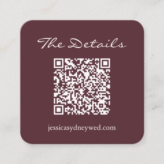 Script Wedding RSVP Details QR Code Burgundy Begleitkarte (Vorderseite)