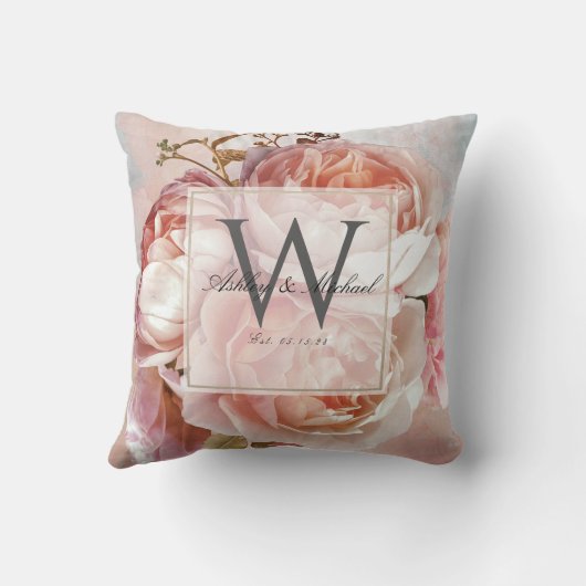 SCRIPT WEDING MONOGRAM | Roses Peonies Kissen (Rückseite)