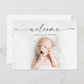 Script Welcome Baby Birth Announcement Foto Postkarte (Vorne/Hinten)