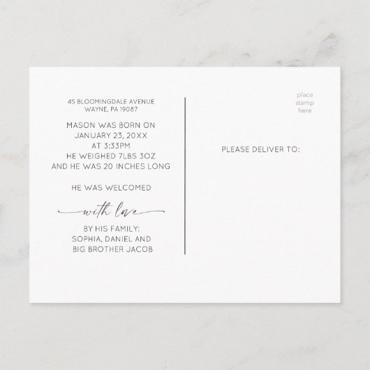 Script Welcome Baby Birth Announcement Foto Postkarte (Rückseite)