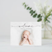 Script Welcome Baby Birth Announcement Foto Postkarte (Stehend Vorderseite)