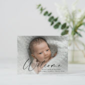 Script Welcome Baby Foto Birth Danke Postkarte (Stehend Vorderseite)