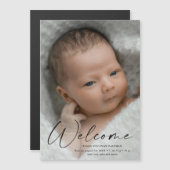 Script Welcome Baby Foto Geburtserklärung Magneteinladung (Vorne/Hinten)