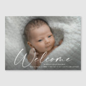 Script Welcome Baby Foto Geburtserklärung Magneteinladung (Vorderseite)