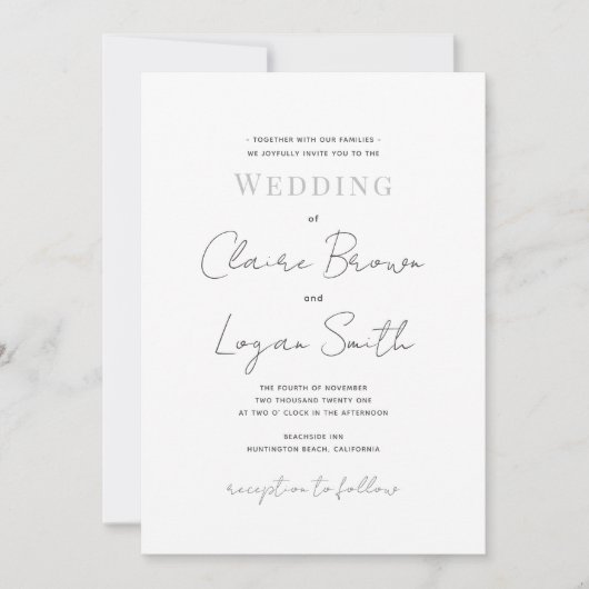 Script White Modern Wedding Einladung (Vorderseite)