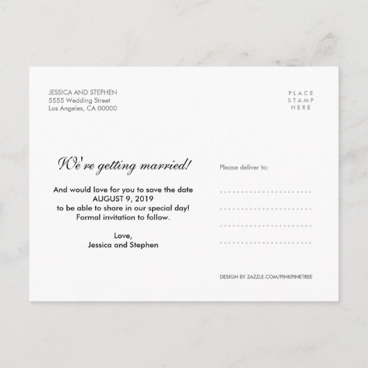 Script White Save the Date Collage Postcard Ankündigungspostkarte (Rückseite)