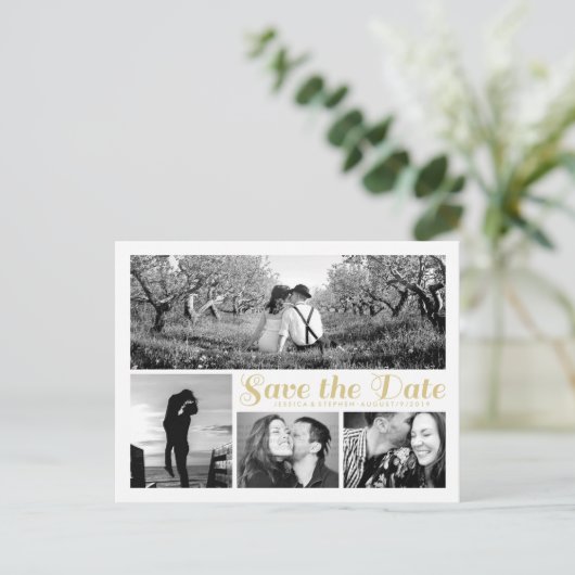 Script White Save the Date Collage Postcard Ankündigungspostkarte (Stehend Vorderseite)