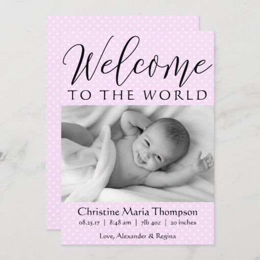 Script Willkommen im Welt pink polka dot Foto Ankündigung (Vorne/Hinten)