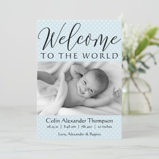 Script Willkommen im World blue polka dot Foto Ankündigung (Stehend Vorderseite)