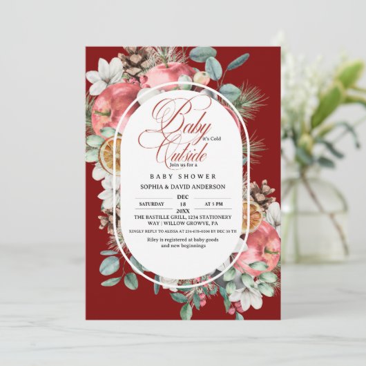 Script Winter Pine Trees Greenery  Red Baby shower Einladung (Stehend Vorderseite)