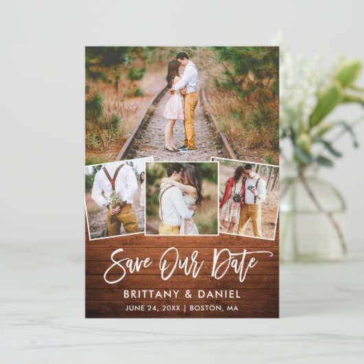 Script Wood 4 Foto Brush Rett Our Date Card Save The Date (Stehend Vorderseite)