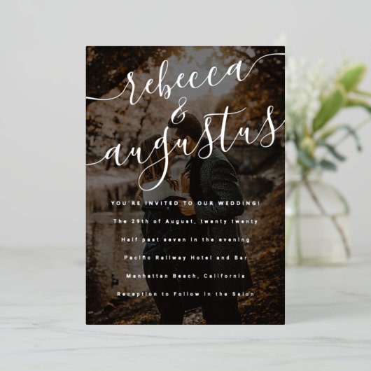 Scripte Names Foto Wedding Silver Folieneinladung (Stehend vorne)