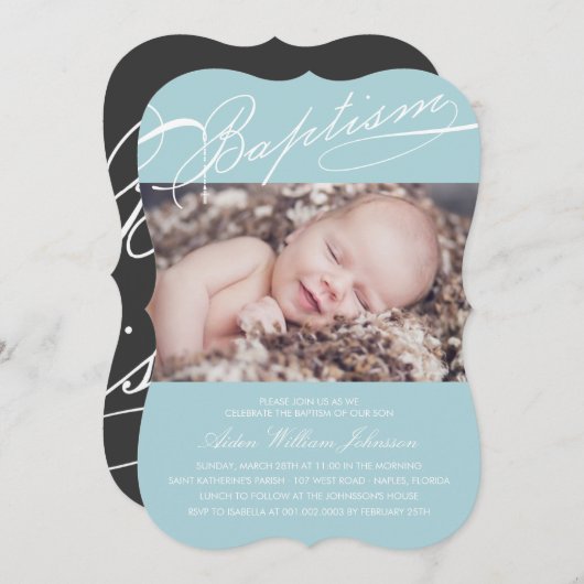 Scripted Taufe-Rosenbeet-Kreuz-blaues Foto Einladung (Vorne/Hinten)