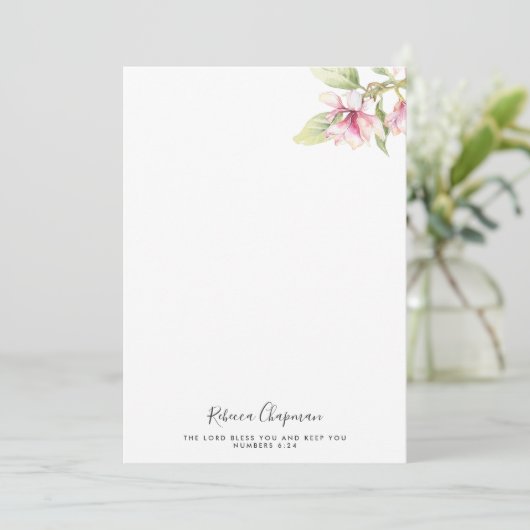 Scripting Pink Watercolor Magnolias Note Card (Stehend Vorderseite)