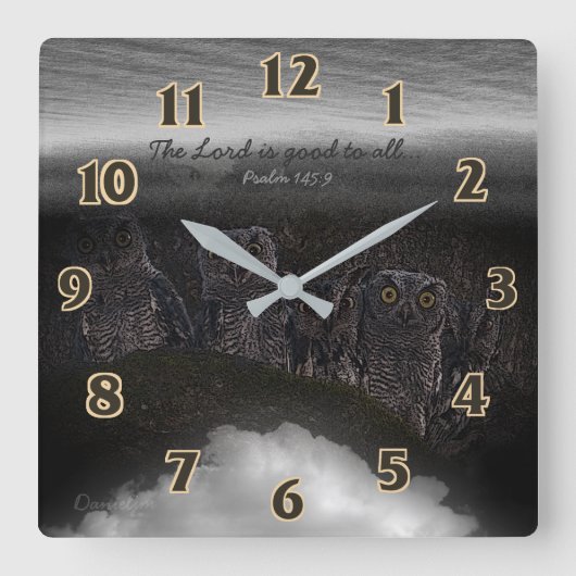 Scripture Psalm Owls Quadratische Wanduhr (Vorderseite)