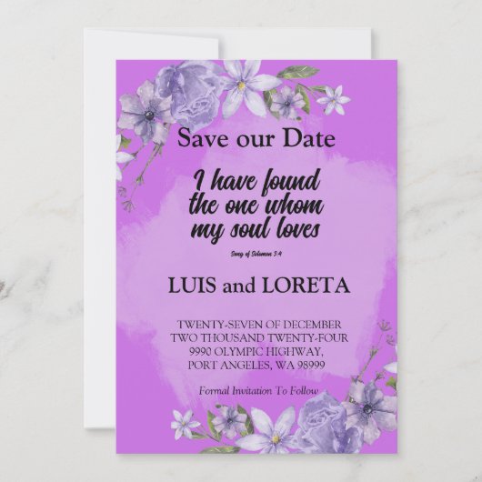 Scripture Save the Date Card Ich habe Lila gefunde (Vorderseite)