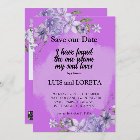 Scripture Save the Date Card Ich habe Lila gefunde (Vorne/Hinten)