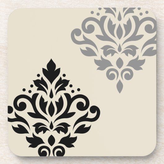 Scroll Damask Art I Black Gray Creme Getränkeuntersetzer (Vorderseite)