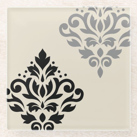 Scroll Damask Art I Black Gray Creme Glasuntersetzer (Vorderseite)