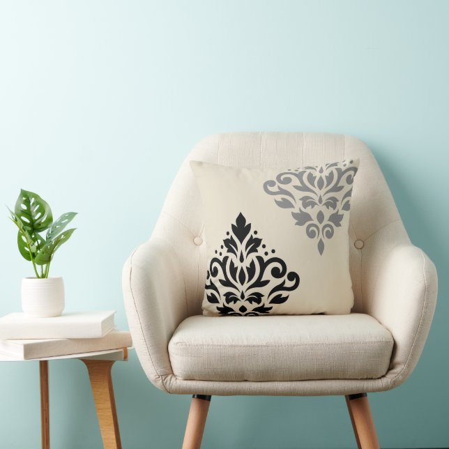 Scroll Damask Art I Black Gray Creme Kissen (Stuhl )