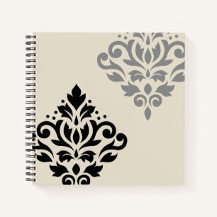 Scroll Damask Art I Black Gray Creme Notizblock