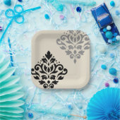 Scroll Damask Art I Black Gray Creme Pappteller (Party)