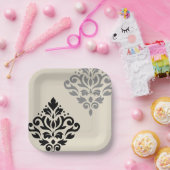 Scroll Damask Art I Black Gray Creme Pappteller (Party)