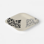 Scroll Damask Art I Black Gray Creme Pappteller (Gewinkelt)