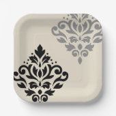Scroll Damask Art I Black Gray Creme Pappteller (Vorderseite)