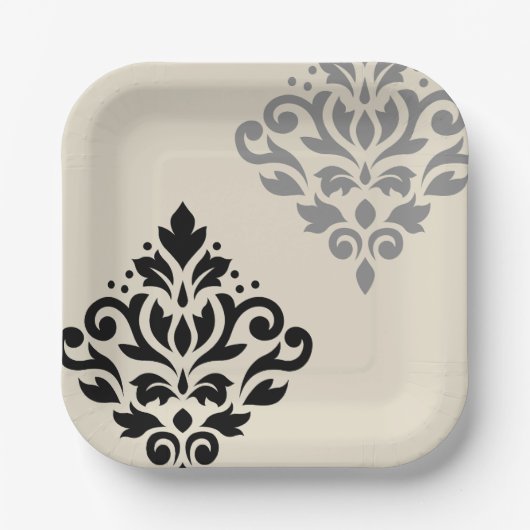 Scroll Damask Art I Black Gray Creme Pappteller (Vorderseite)