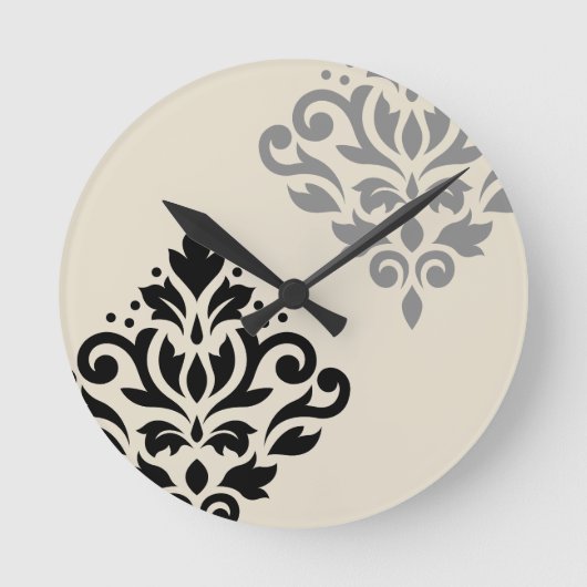 Scroll Damask Art I Black Gray Creme Runde Wanduhr (Vorderseite)