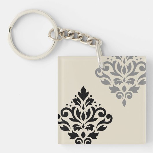 Scroll Damask Art I Black Gray Creme Schlüsselanhänger (Vorderseite)