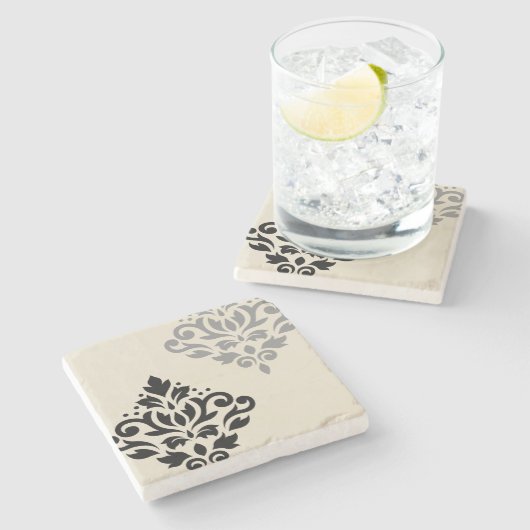 Scroll Damask Art I Black Gray Creme Steinuntersetzer (Seitenansicht)