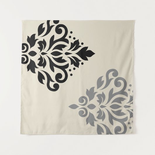 Scroll Damask Art I Black Gray Creme Wandteppich (Vorderseite (Horizontal))