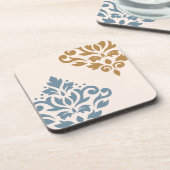 Scroll Damask Art I Blue Gold Creme Getränkeuntersetzer (Linke Seite)