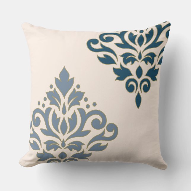 Scroll Damask Art I Blues Gold (line) Creme Kissen (Vorderseite)