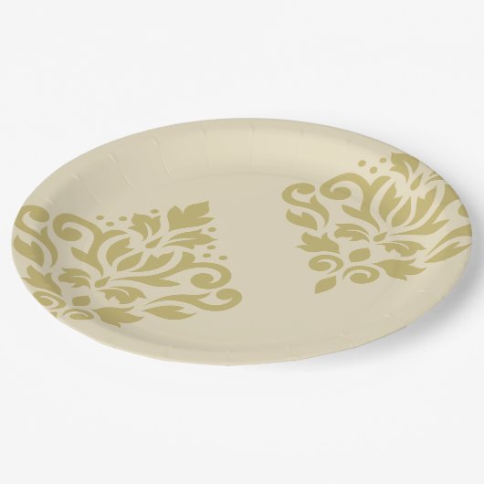 Scroll Damask Art I Gold auf Creme Pappteller (Schrägansicht)