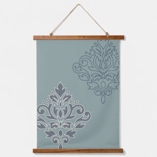 Scroll Damask Art I (Kontur) Creme Blues Aquamarin Wandteppich Mit Holzrahmen