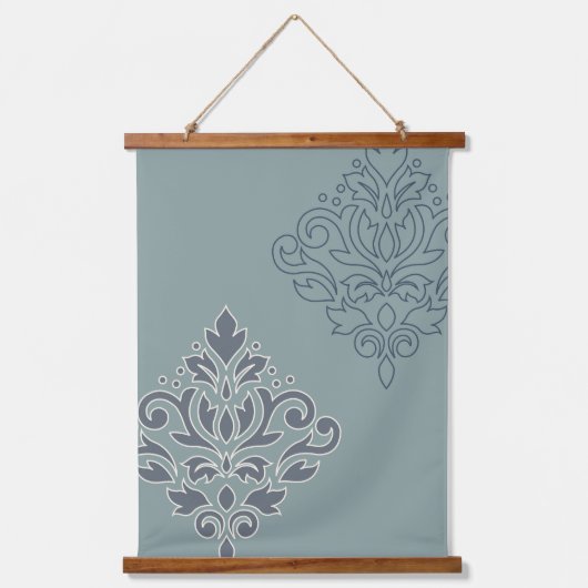 Scroll Damask Art I (Kontur) Creme Blues Aquamarin Wandteppich Mit Holzrahmen (Vorderseite)