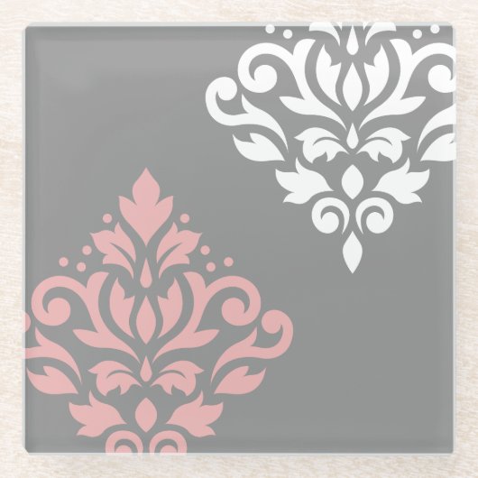 Scroll Damask Art I Pink White Grau Glasuntersetzer (Vorderseite)