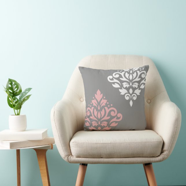 Scroll Damask Art I Pink White Grau Kissen (Stuhl )