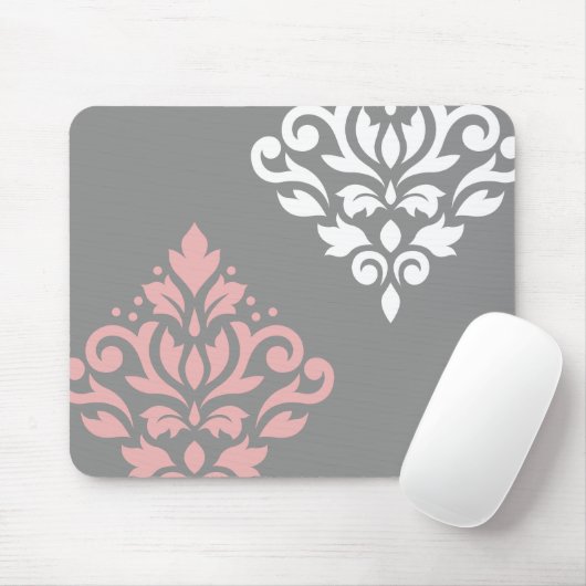 Scroll Damask Art I Pink White Grau Mousepad (Mit Mouse)