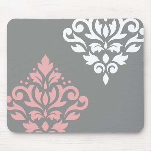 Scroll Damask Art I Pink White Grau Mousepad (Vorne)
