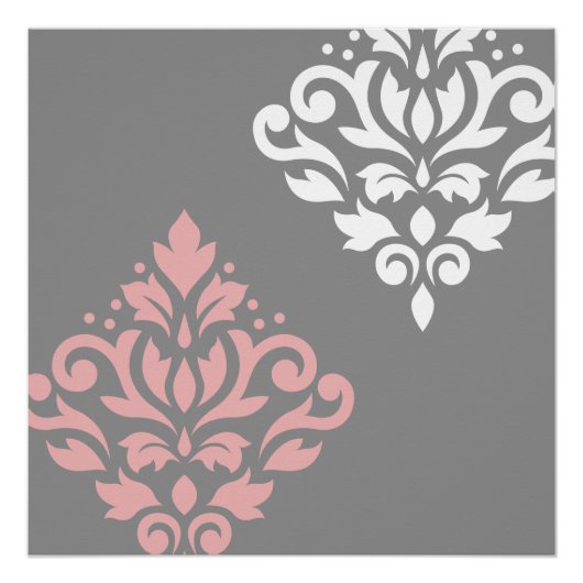 Scroll Damask Art I Pink White Grau Poster (Vorderseite)