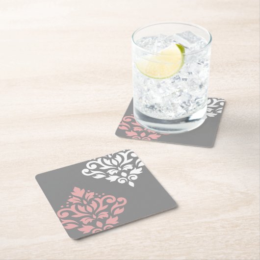 Scroll Damask Art I Pink White Grau Rechteckiger Pappuntersetzer (Vor Ort)