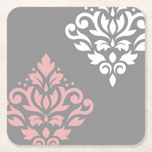 Scroll Damask Art I Pink White Grau Rechteckiger Pappuntersetzer (Vorderseite)
