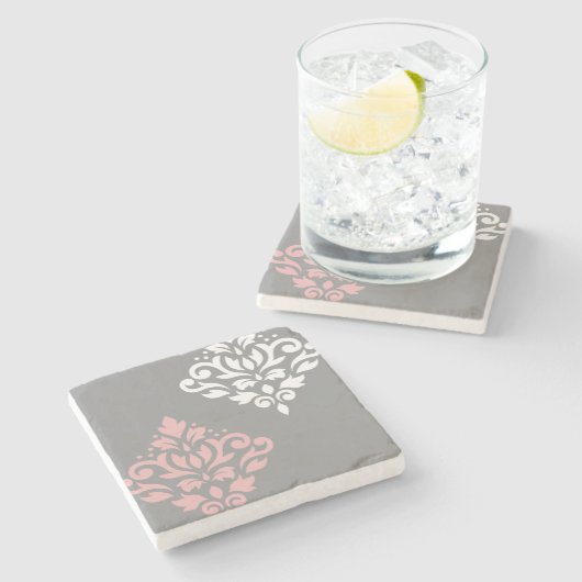 Scroll Damask Art I Pink White Grau Steinuntersetzer (Seitenansicht)