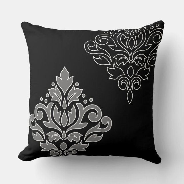 Scroll Damask Art I White Line Grau Schwarz Kissen (Vorderseite)