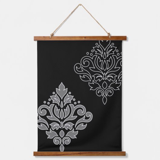Scroll Damask Art I White Line Grau Schwarz Wandteppich Mit Holzrahmen (Vorderseite)